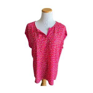 Womens Papermoon Reece Pink Floral Flowy Mixed Media Split Neck Top - Sz XL